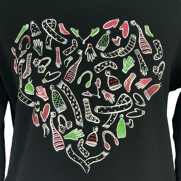 Karen Scott Medium Top Holiday Christmas Heart Long Sleeve Stretch Glitter Black - Picture 2 of 8
